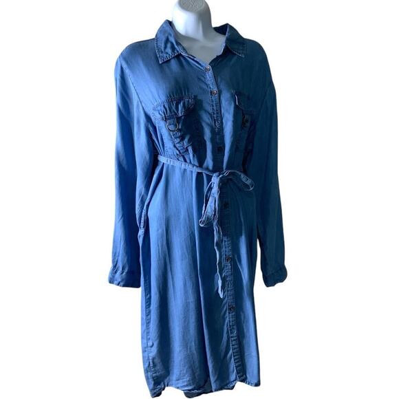 New Look Button Up Tunic Dress Womens 1X Long Sleeve Drawstring Chambray Denim - Picture 3 of 7